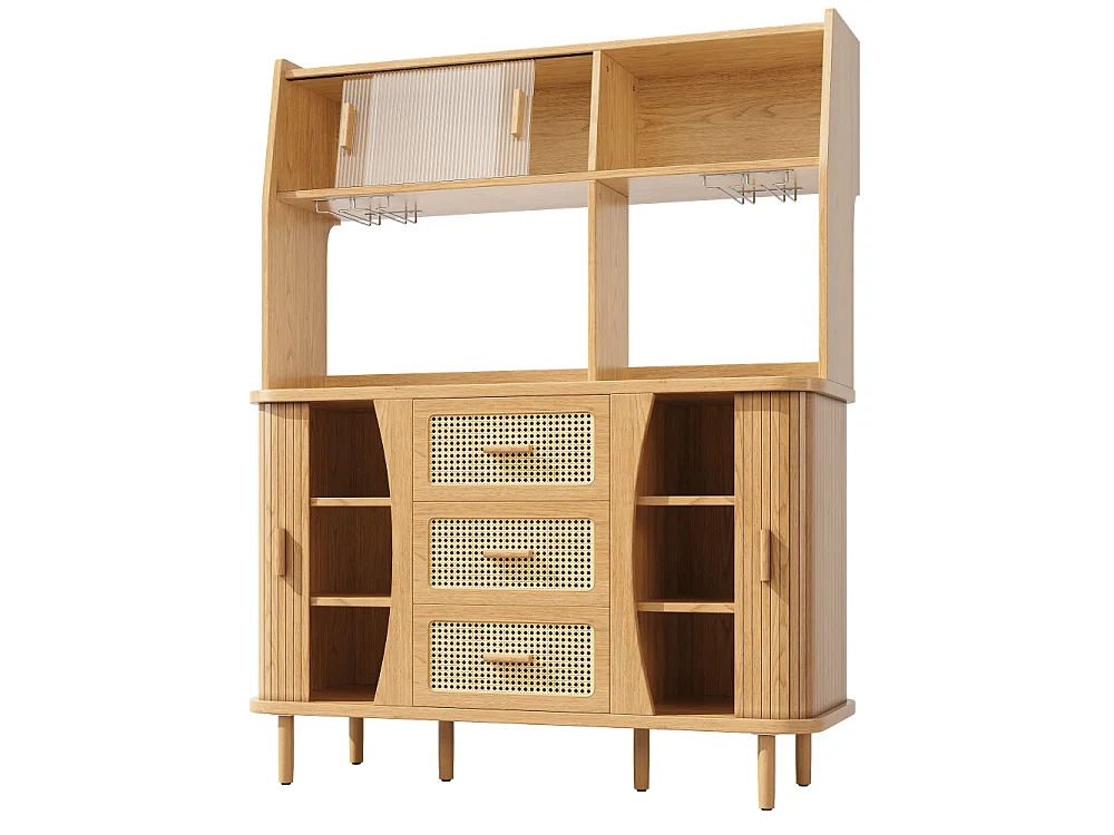 Hoge keukenbuffet 174,5 cm met schuifdeuren van glas, rieten effect fronten en grote opbergruimte
