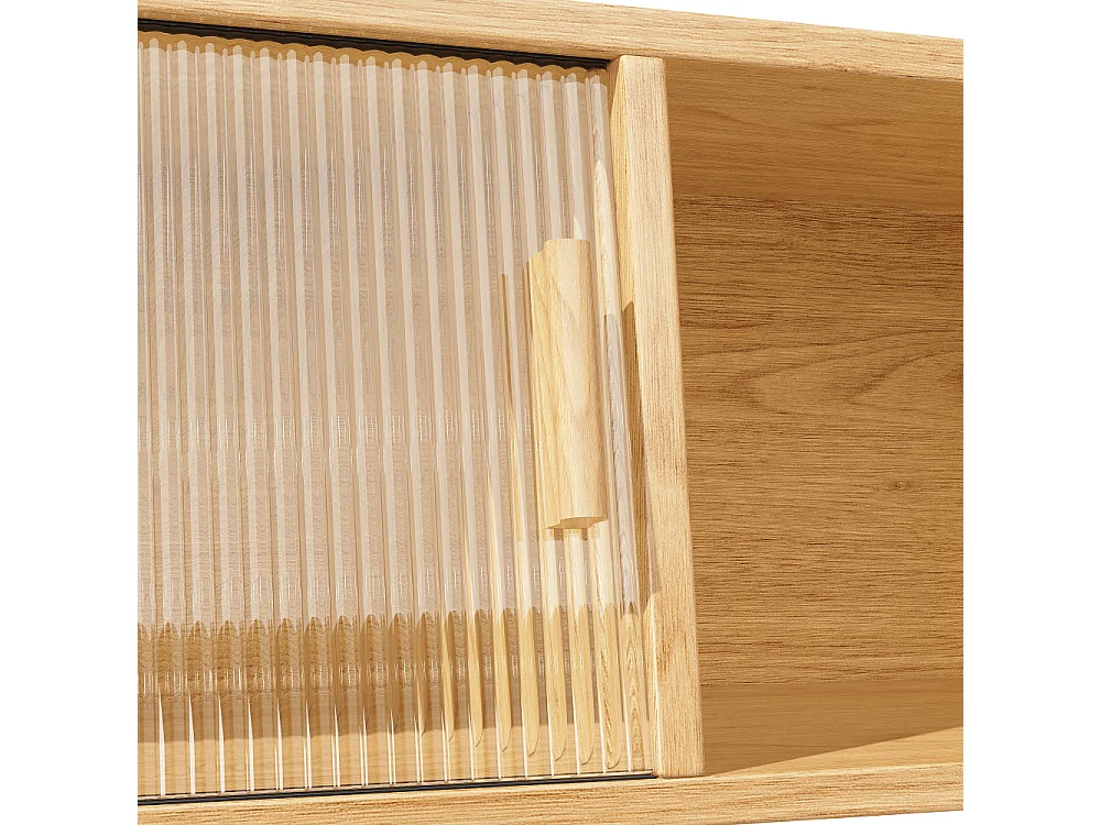 Hoge keukenbuffet 174,5 cm met schuifdeuren van glas, rieten effect fronten en grote opbergruimte