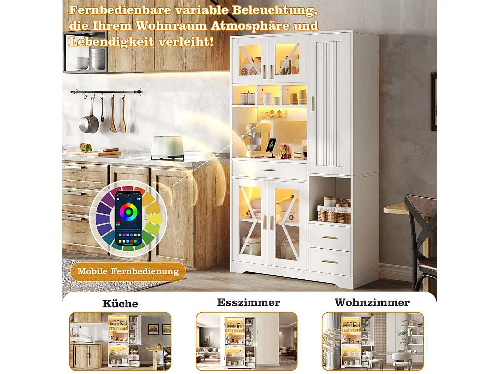Vintage keukenkast met LED RGB, buffetopslag 185x105x40 cm verstelbare planken USB AC-aansluitingen keuken woonkamer meubel