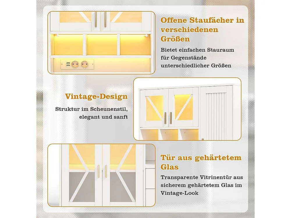 Vintage keukenkast met LED RGB, buffetopslag 185x105x40 cm verstelbare planken USB AC-aansluitingen keuken woonkamer meubel