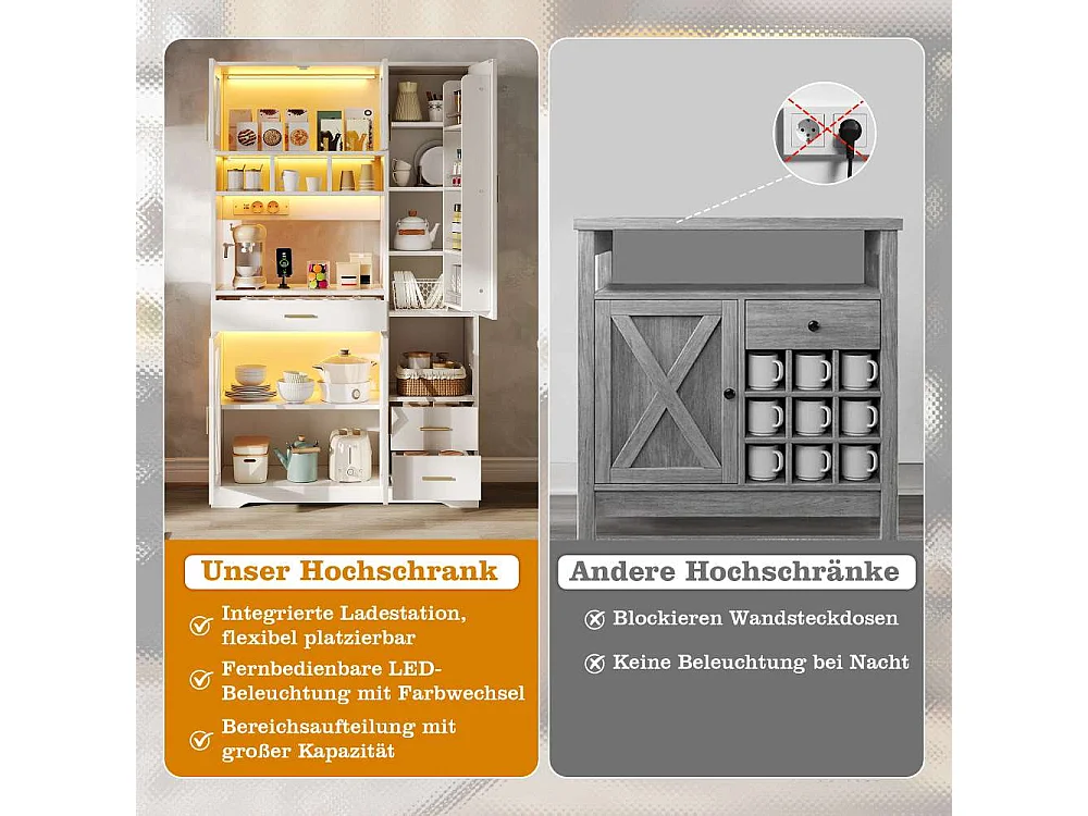 Vintage keukenkast met LED RGB, buffetopslag 185x105x40 cm verstelbare planken USB AC-aansluitingen keuken woonkamer meubel