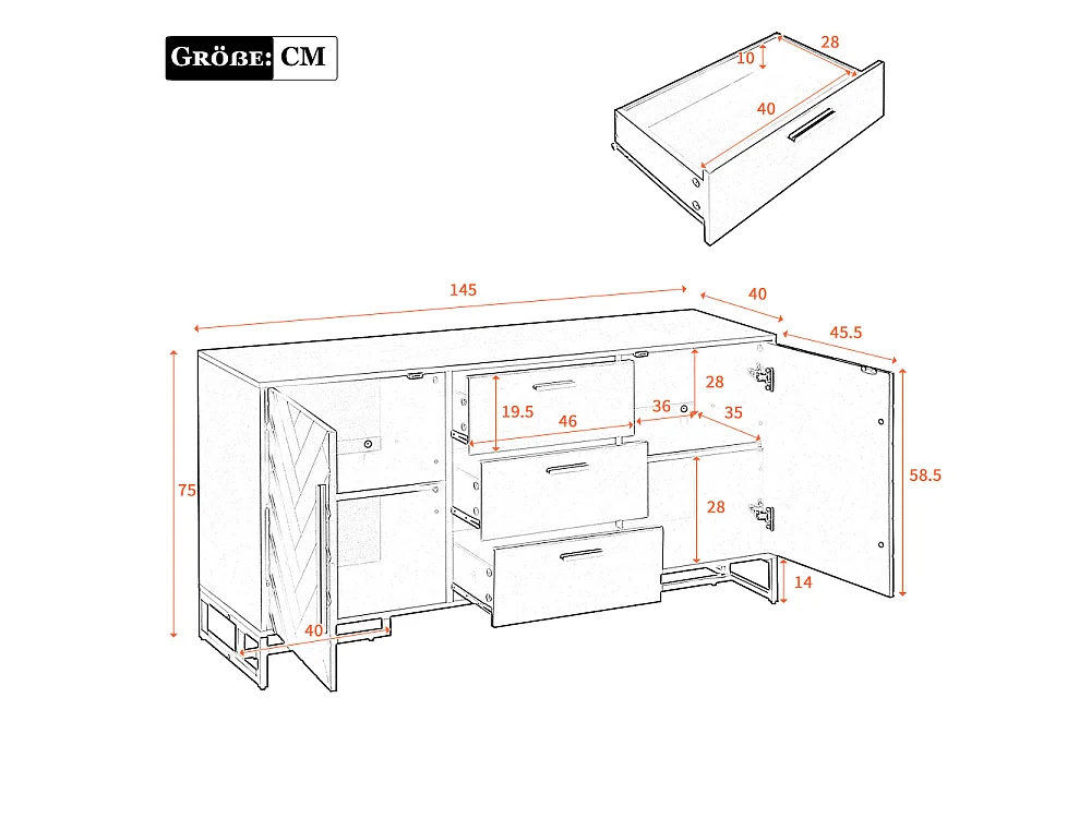Sideboard Elegante en Roble con Motivo Chevron, 2 Puertas y 3 Cajones – Almacenaje Versátil para Cocina, Comedor y Salón