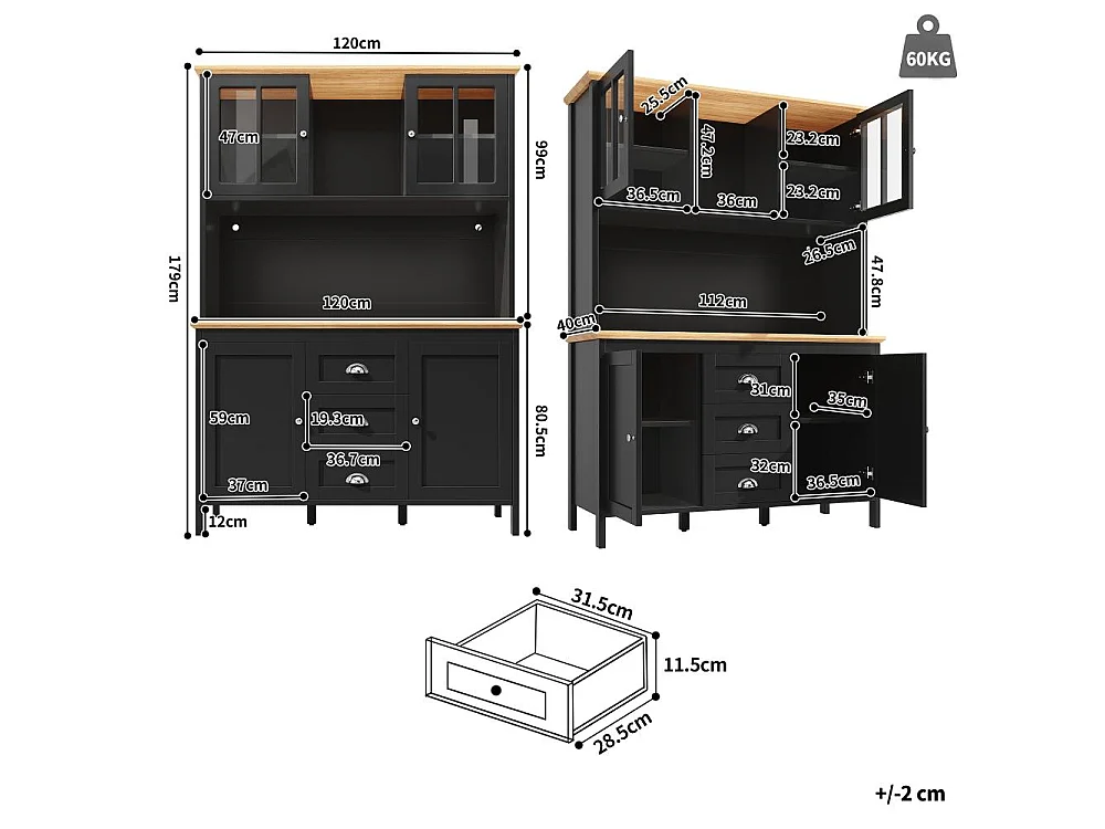 Hoge opbergkast voor keuken LED 120x40x179 cm 4 deuren 3 lades MDF modern design