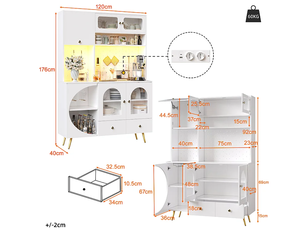 Aparador moderno con LED y USB, mueble alto para cocina y salón con enchufes integrados, madera y vidrio, diseño multifuncional y organizado