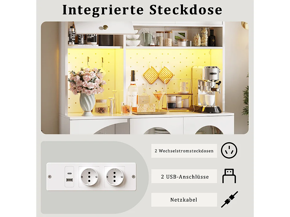 Aparador moderno con LED y USB, mueble alto para cocina y salón con enchufes integrados, madera y vidrio, diseño multifuncional y organizado