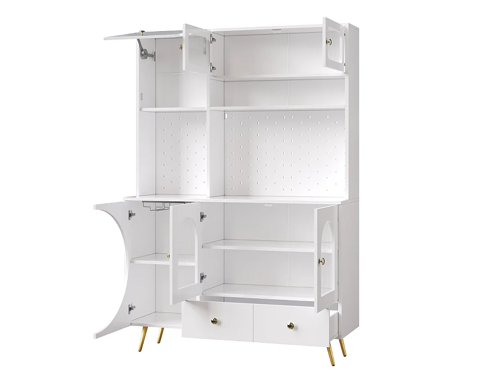 Aparador moderno con LED y USB, mueble alto para cocina y salón con enchufes integrados, madera y vidrio, diseño multifuncional y organizado