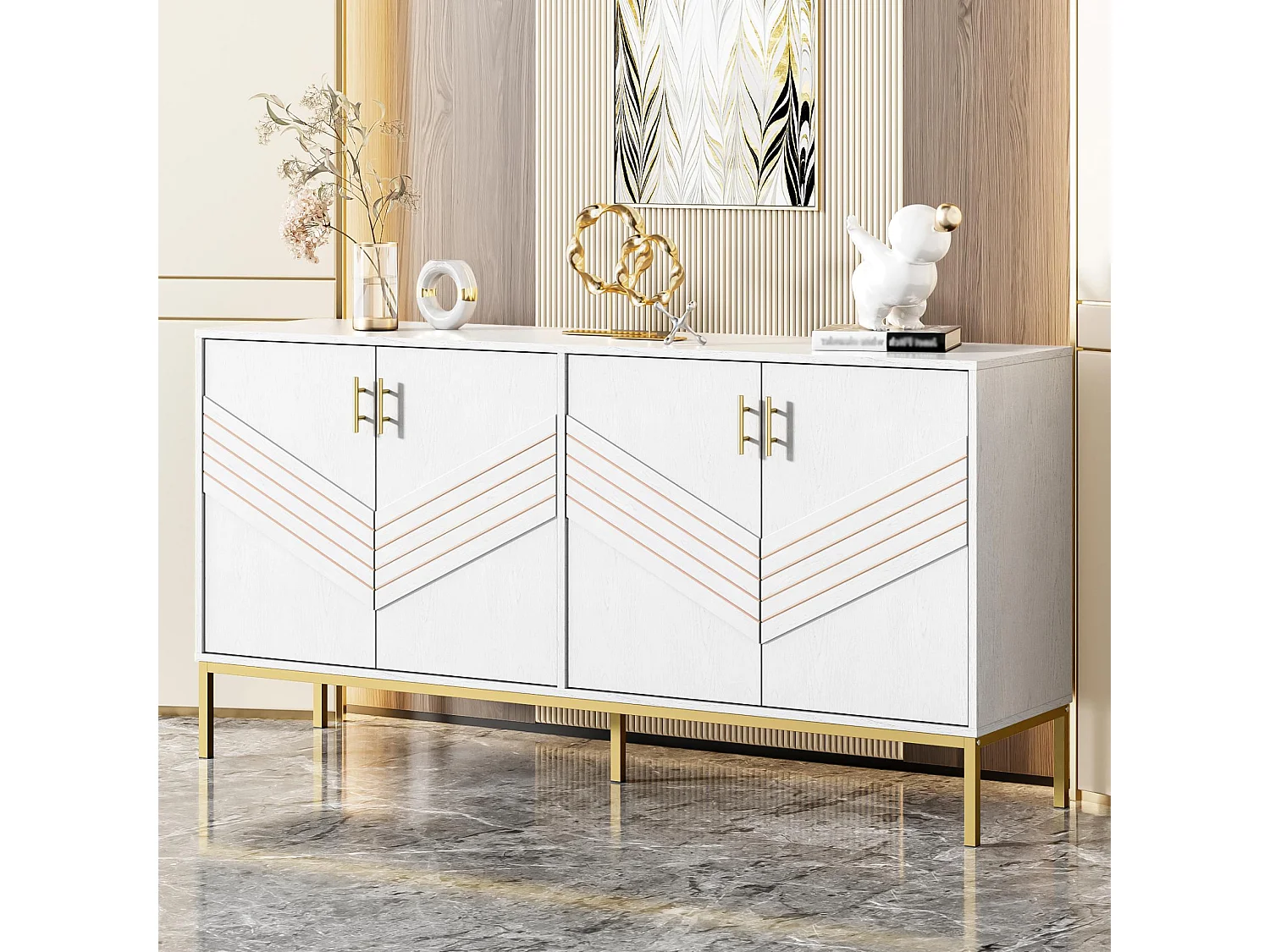 Sideboard Moderno en MDF con 4 Puertas, Patas Metálicas Doradas y Estantes Ajustables - Almacenaje Flexible para Salón, Comedor y Entrada