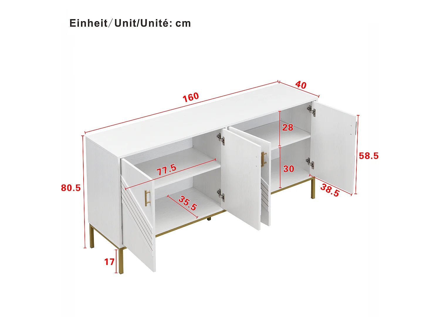 Sideboard Moderno en MDF con 4 Puertas, Patas Metálicas Doradas y Estantes Ajustables - Almacenaje Flexible para Salón, Comedor y Entrada