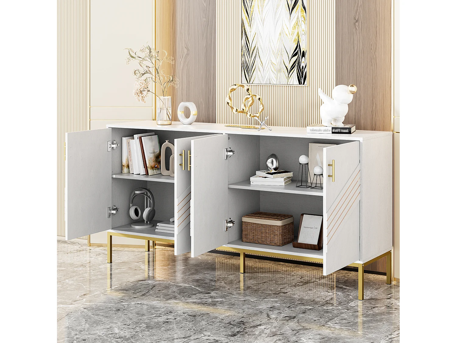 Sideboard Moderno en MDF con 4 Puertas, Patas Metálicas Doradas y Estantes Ajustables - Almacenaje Flexible para Salón, Comedor y Entrada