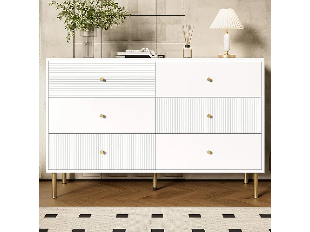 Cómoda moderna 6 cajones blanca MDF con tiradores de aleación de zinc y patas de acero120×40×78cm,gran almacenamiento para dormitorio,salón y entrada