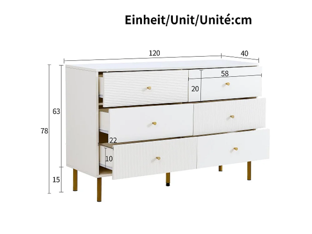 Cómoda moderna 6 cajones blanca MDF con tiradores de aleación de zinc y patas de acero120×40×78cm,gran almacenamiento para dormitorio,salón y entrada