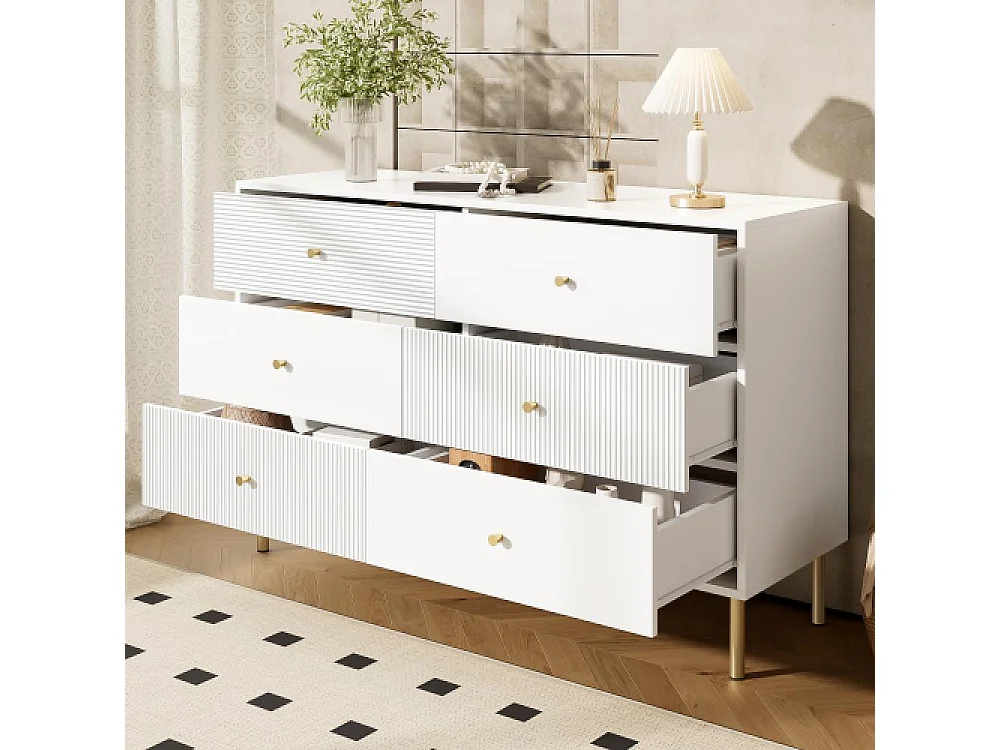 Cómoda moderna 6 cajones blanca MDF con tiradores de aleación de zinc y patas de acero120×40×78cm,gran almacenamiento para dormitorio,salón y entrada