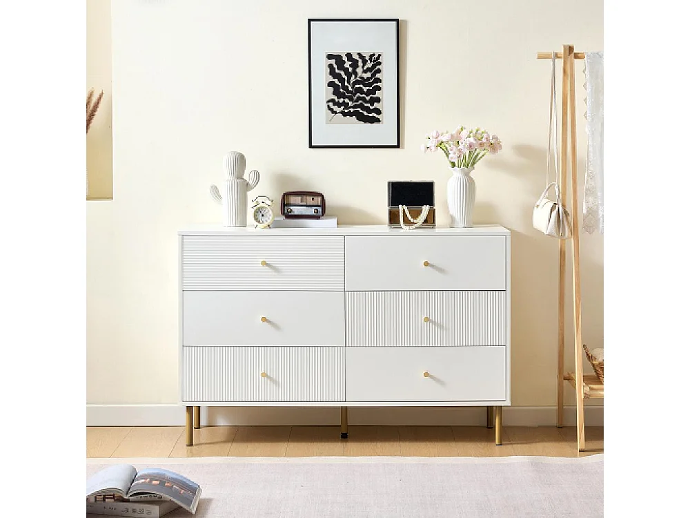 Cómoda moderna 6 cajones blanca MDF con tiradores de aleación de zinc y patas de acero120×40×78cm,gran almacenamiento para dormitorio,salón y entrada