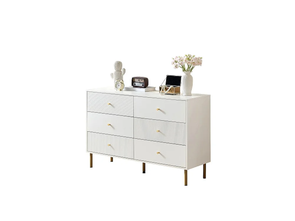 Cómoda moderna 6 cajones blanca MDF con tiradores de aleación de zinc y patas de acero120×40×78cm,gran almacenamiento para dormitorio,salón y entrada