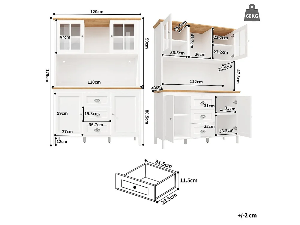 Armario alto de cocina con LED 120x40x179cm 4 puertas 3 cajones MDF diseño moderno