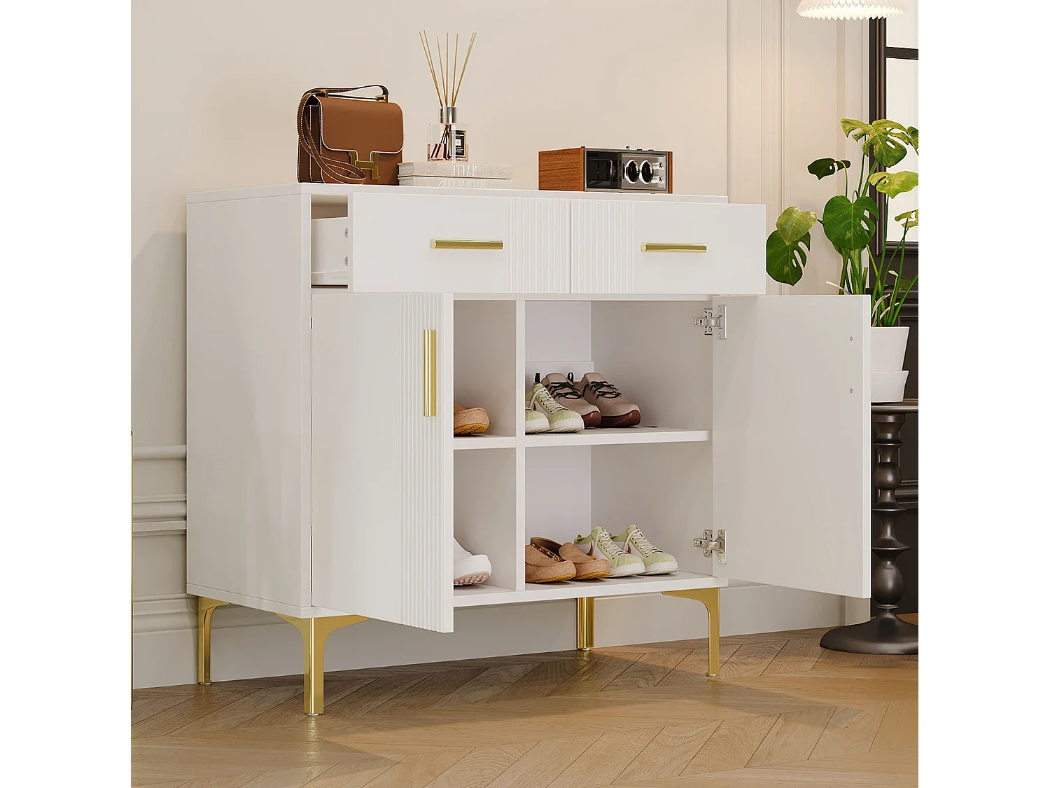 Comò Moderno con 2 Ante e 2 Cassetti – Buffet Elegante con Maniglie in Metallo e Piedi in Metallo per Soggiorno, Ingresso o Sala (80x35x79.5 cm)