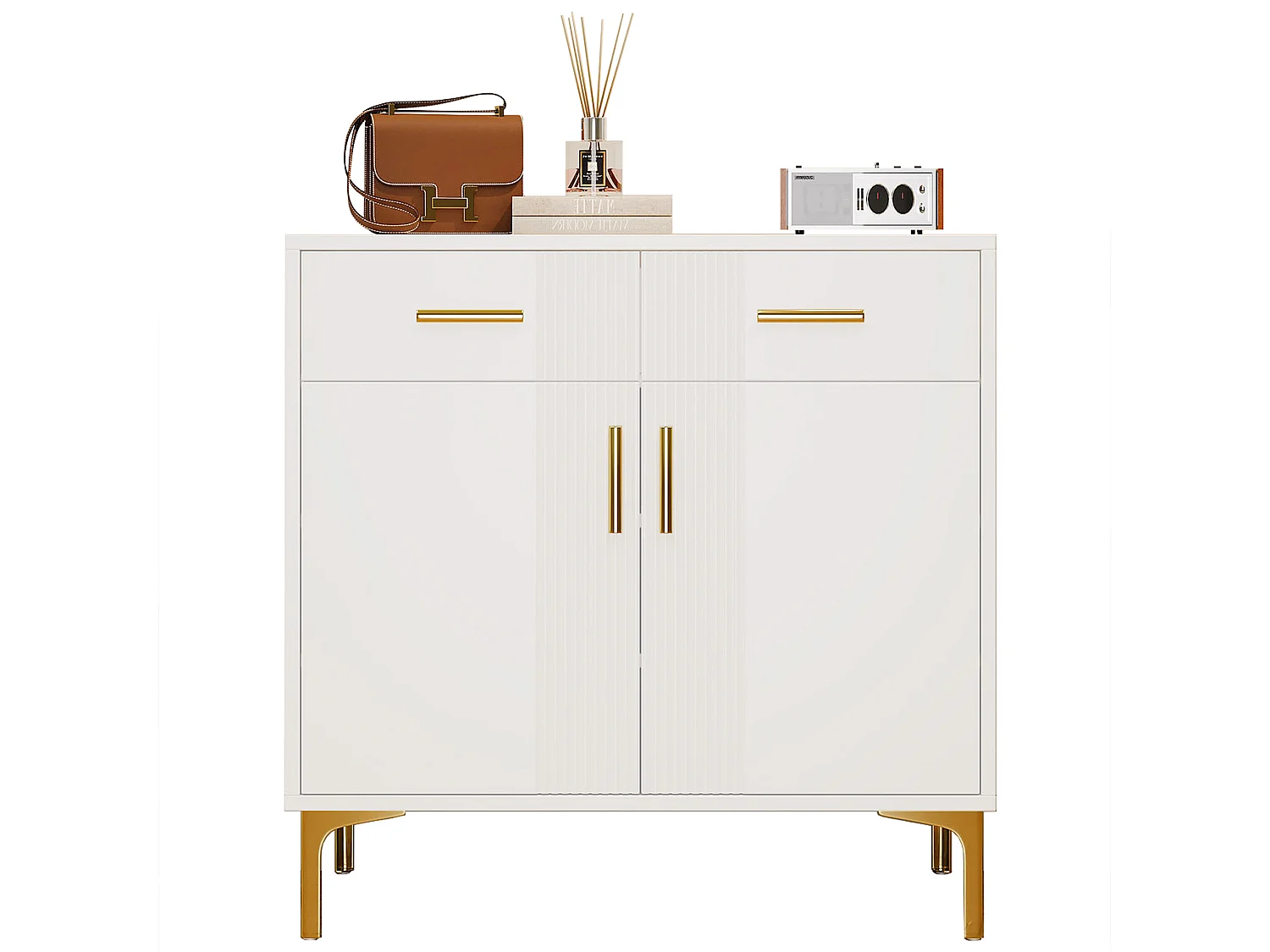 Comò Moderno con 2 Ante e 2 Cassetti – Buffet Elegante con Maniglie in Metallo e Piedi in Metallo per Soggiorno, Ingresso o Sala (80x35x79.5 cm)