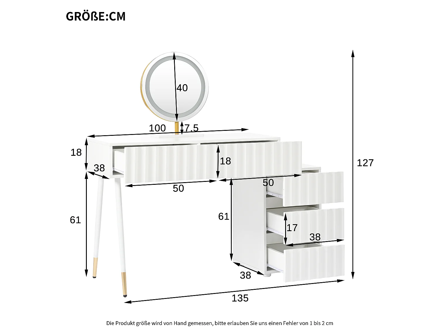 Coiffeuse blanche 100 cm avec miroir LED, 5 tiroirs, montage flexible – H127/L100/P40 cm
