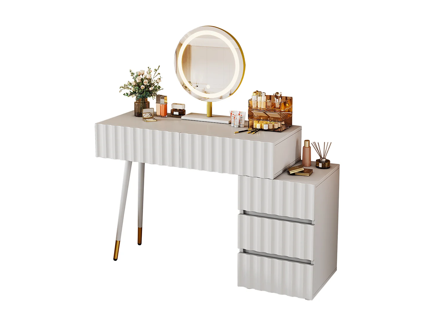 Coiffeuse blanche 100 cm avec miroir LED, 5 tiroirs, montage flexible – H127/L100/P40 cm