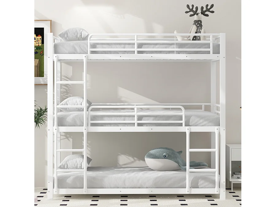 Lit superposé triple en métal 90x200cm,Blanc,cadre en acier robuste, lit empilé pour enfants,adolescents et adultes, idéal pour économiser de l'espace