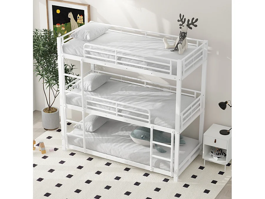 Lit superposé triple en métal 90x200cm,Blanc,cadre en acier robuste, lit empilé pour enfants,adolescents et adultes, idéal pour économiser de l'espace