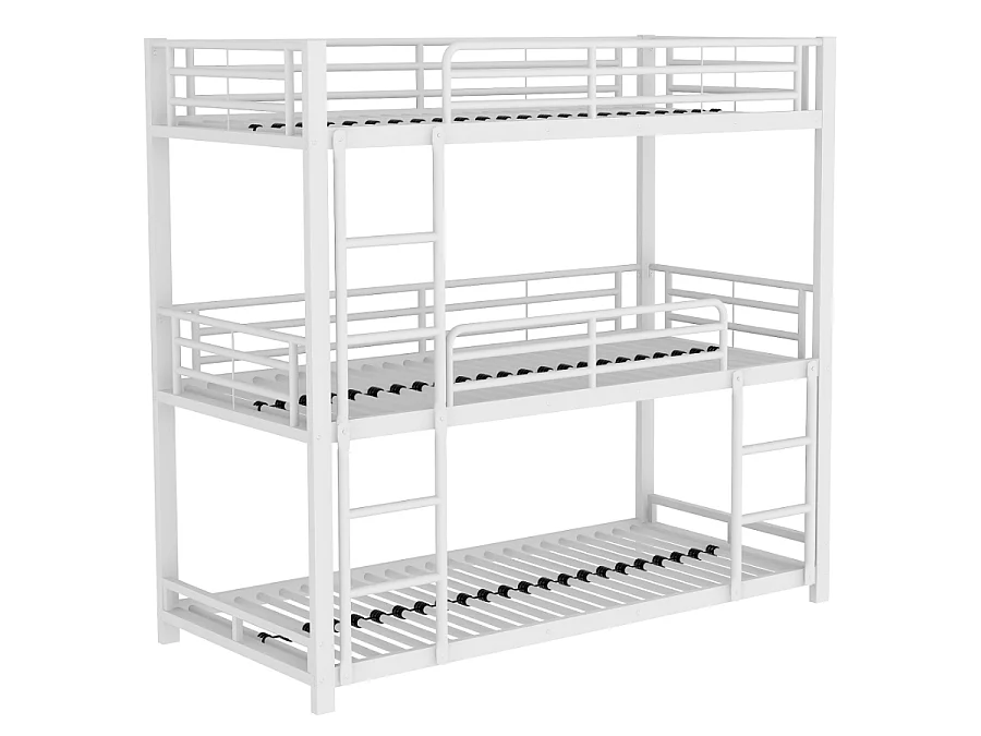 Lit superposé triple en métal 90x200cm,Blanc,cadre en acier robuste, lit empilé pour enfants,adolescents et adultes, idéal pour économiser de l'espace