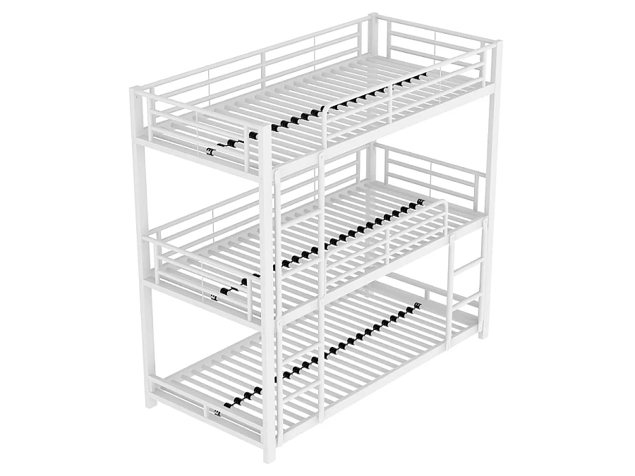 Lit superposé triple en métal 90x200cm,Blanc,cadre en acier robuste, lit empilé pour enfants,adolescents et adultes, idéal pour économiser de l'espace