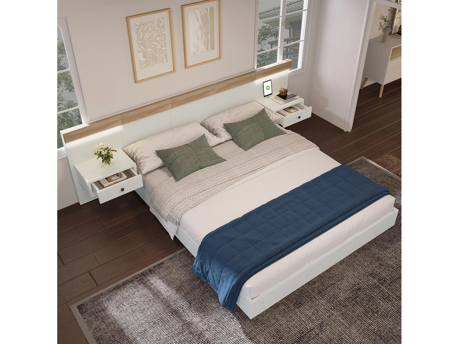 Cama Doble Suspendida con 2 Mesitas de Noche LED y Toma USB Type-C, 205x264x90,5 cm, Roble Sonoma/Blanco, Incluye Somier – Sin Colchón