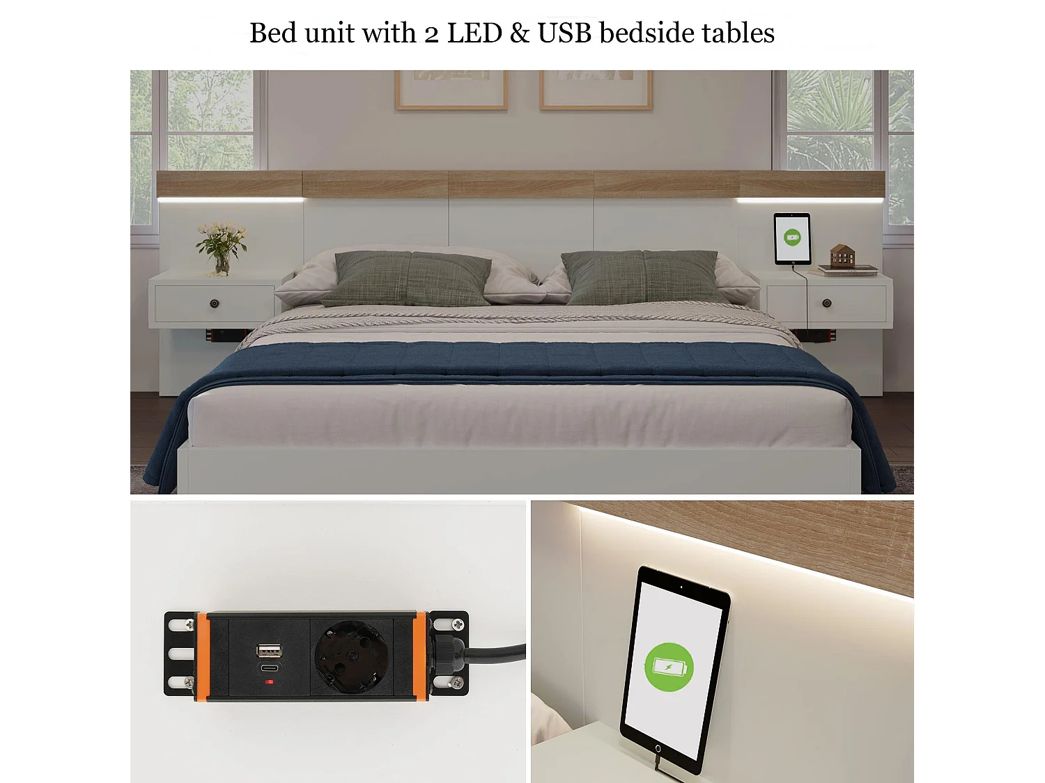 Cama Doble Suspendida con 2 Mesitas de Noche LED y Toma USB Type-C, 205x264x90,5 cm, Roble Sonoma/Blanco, Incluye Somier – Sin Colchón