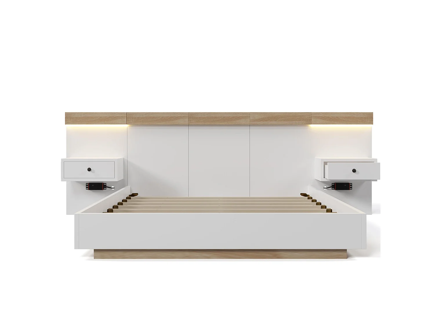 Cama Doble Suspendida con 2 Mesitas de Noche LED y Toma USB Type-C, 205x264x90,5 cm, Roble Sonoma/Blanco, Incluye Somier – Sin Colchón