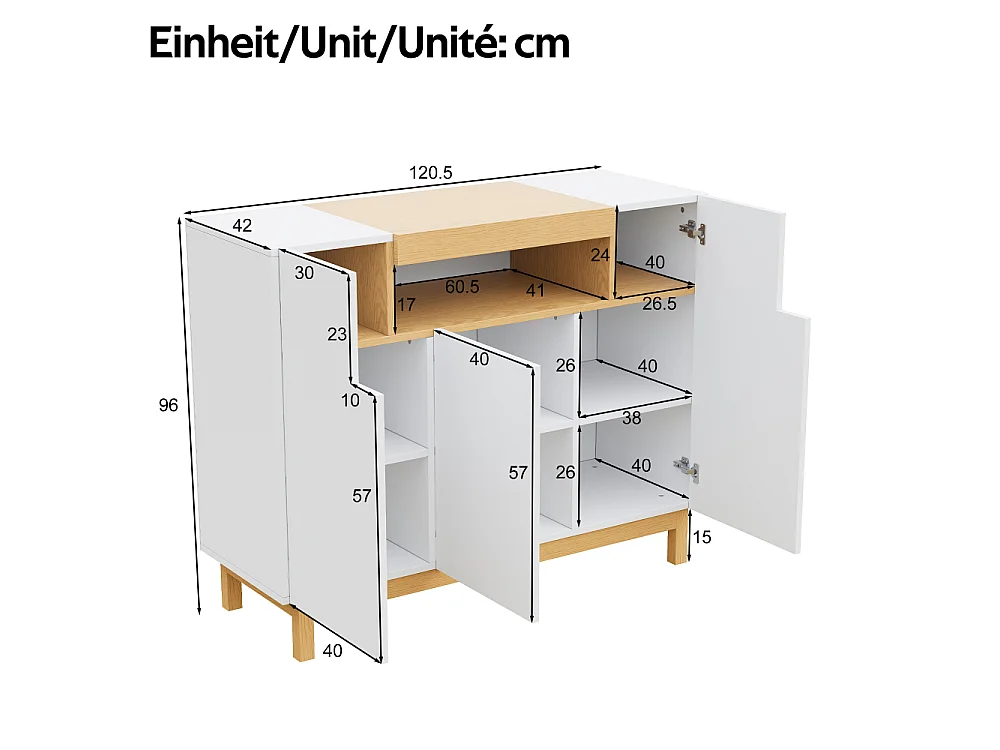Moderner Sideboard mit drei Türen, offenen und geschlossenen Fächern, vielseitiges Aufbewahrungsmöbel für Wohnzimmer und Esszimmer