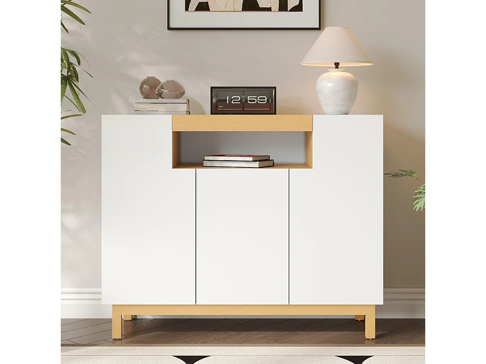 Moderner Sideboard mit drei Türen, offenen und geschlossenen Fächern, vielseitiges Aufbewahrungsmöbel für Wohnzimmer und Esszimmer