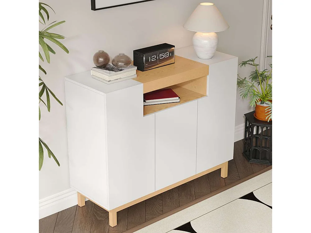 Moderner Sideboard mit drei Türen, offenen und geschlossenen Fächern, vielseitiges Aufbewahrungsmöbel für Wohnzimmer und Esszimmer