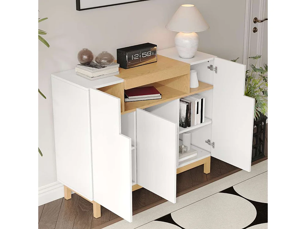 Moderner Sideboard mit drei Türen, offenen und geschlossenen Fächern, vielseitiges Aufbewahrungsmöbel für Wohnzimmer und Esszimmer
