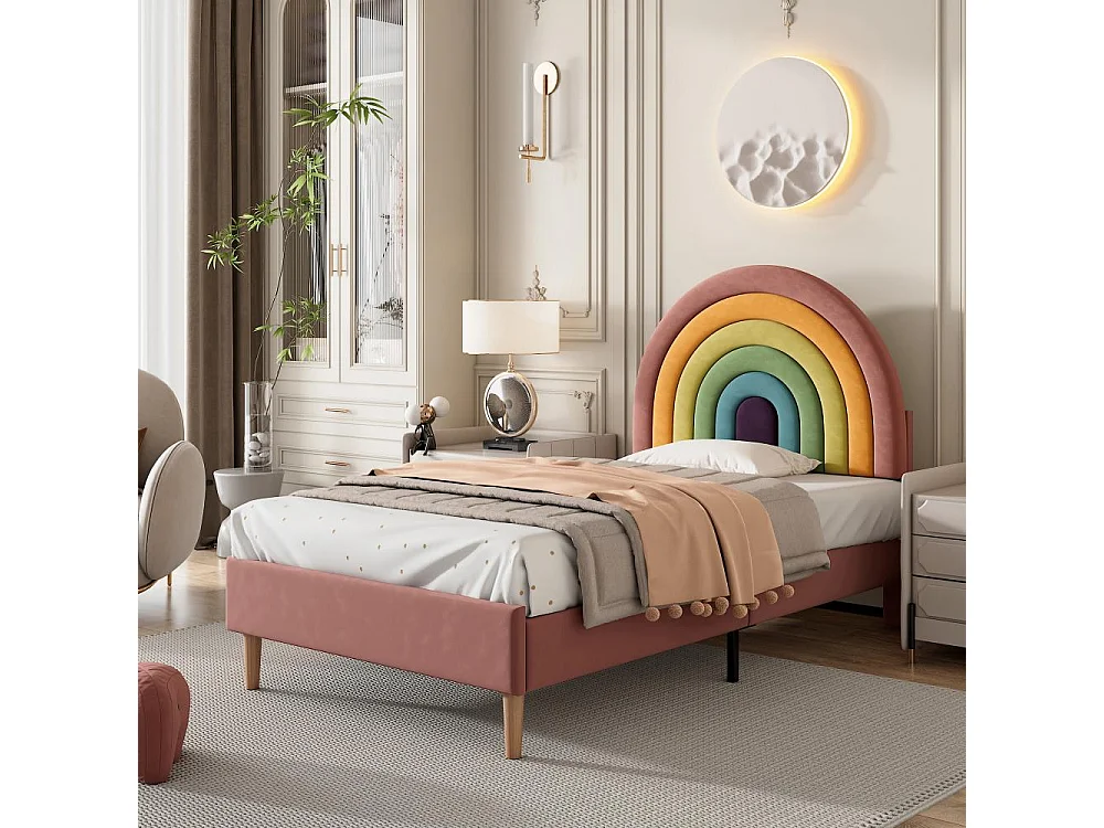 Lit 90x200 cm en velours rose avec tête de lit réglable, structure robuste, sommier à lattes et confort optimal pour adultes et adolescents