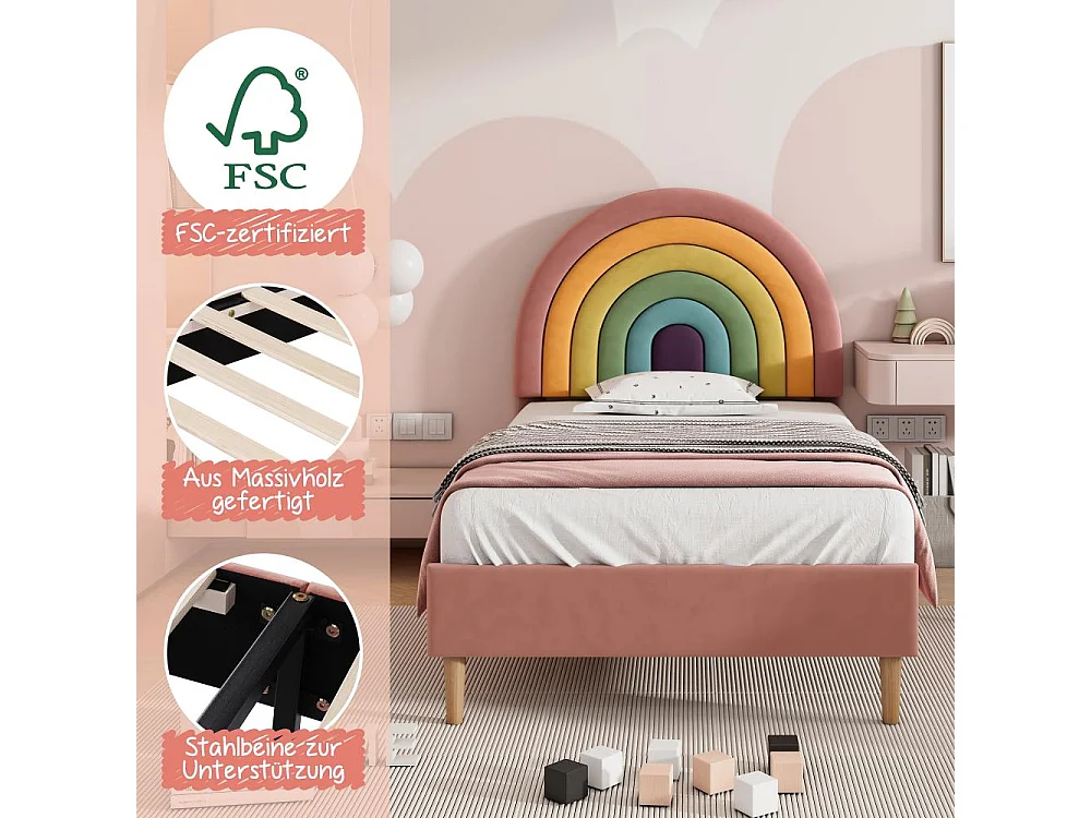 Lit 90x200 cm en velours rose avec tête de lit réglable, structure robuste, sommier à lattes et confort optimal pour adultes et adolescents