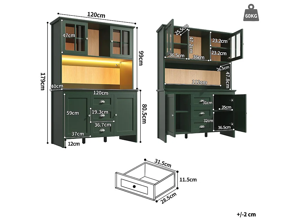 Armoire haute de rangement pour cuisine LED 120x40x179cm 4 portes 3 tiroirs MDF design moderne