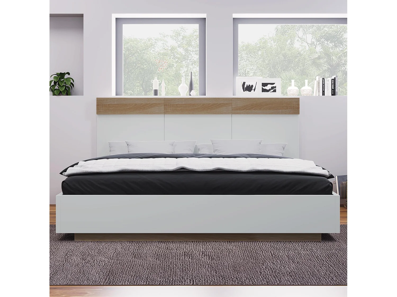 Cama Doble Suspendida de Madera con Cabecero, Estructura y Somier - 205x164x90,5 cm, Diseño Moderno en Roble Sonoma/Blanco (Sin Colchón)