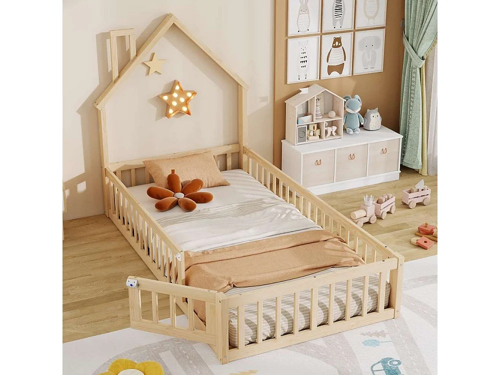 Kinderhuisbed 90x200 cm met open haard, grenen frame, maximale veiligheid, creatief ontwerp en eenvoudige montage, matras niet inbegrepen