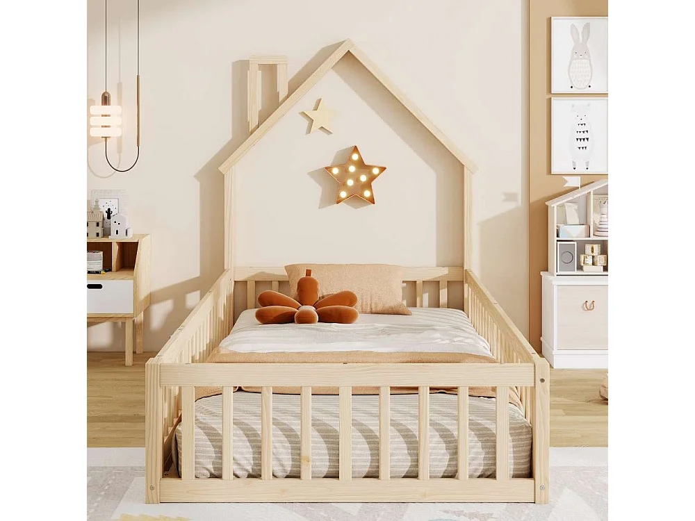 Kinderhuisbed 90x200 cm met open haard, grenen frame, maximale veiligheid, creatief ontwerp en eenvoudige montage, matras niet inbegrepen