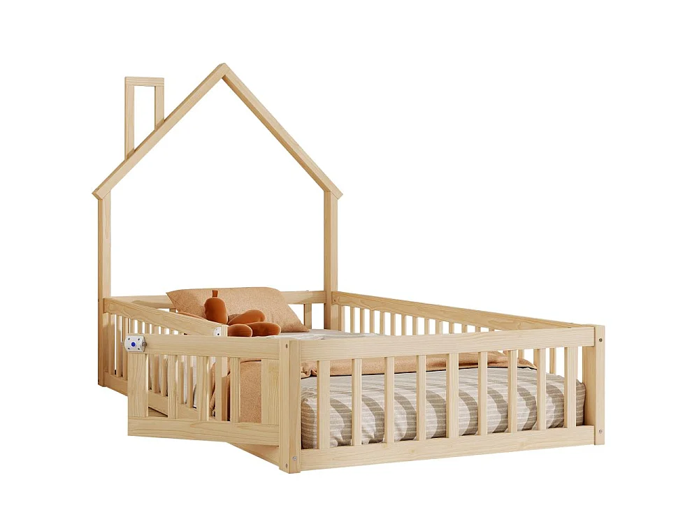 Kinderhuisbed 90x200 cm met open haard, grenen frame, maximale veiligheid, creatief ontwerp en eenvoudige montage, matras niet inbegrepen