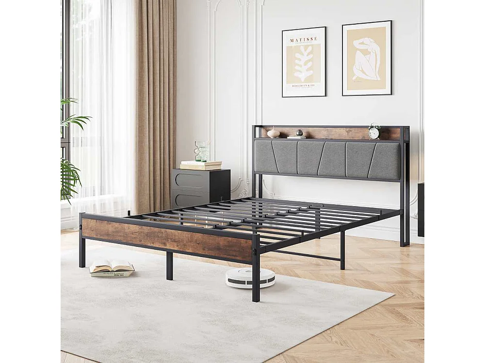 140 x 200 cm großer Bettrahmen mit intelligenten LEDs, Kopfteil und USB-Anschlüssen – robuste Metallstruktur, leises Design und einfache Montage.
