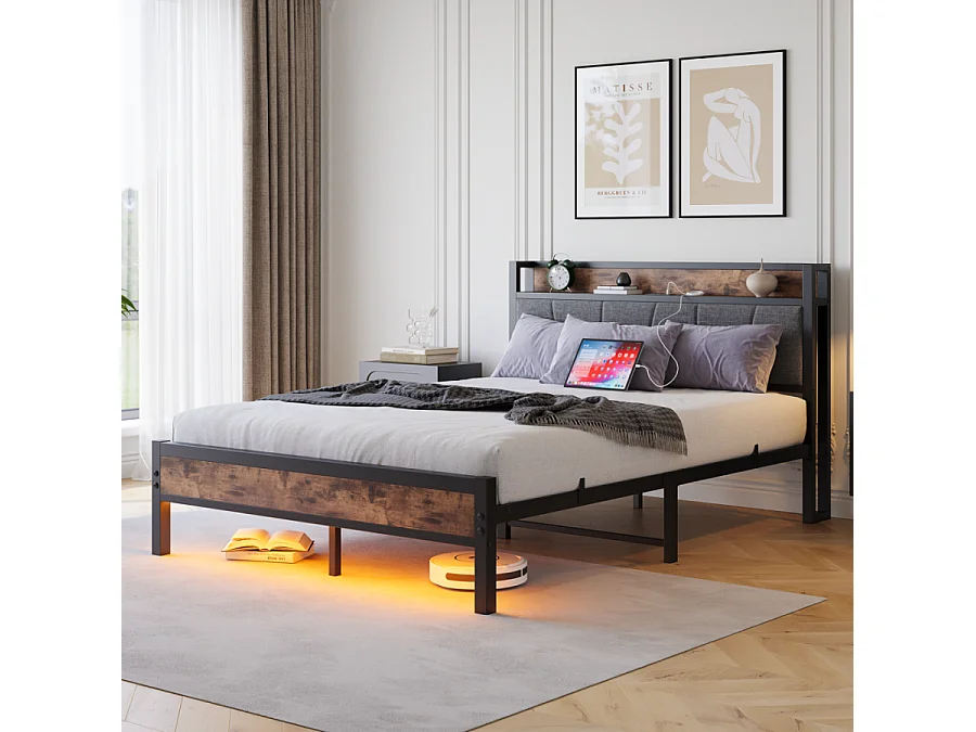 140 x 200 cm großer Bettrahmen mit intelligenten LEDs, Kopfteil und USB-Anschlüssen – robuste Metallstruktur, leises Design und einfache Montage.
