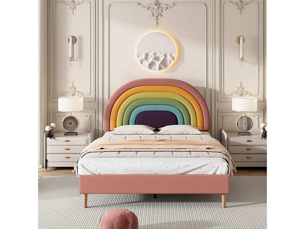 Lit 140x200 cm en velours rose avec tête de lit réglable, cadre solide, sommier à lattes et confort optimal pour adultes et adolescents