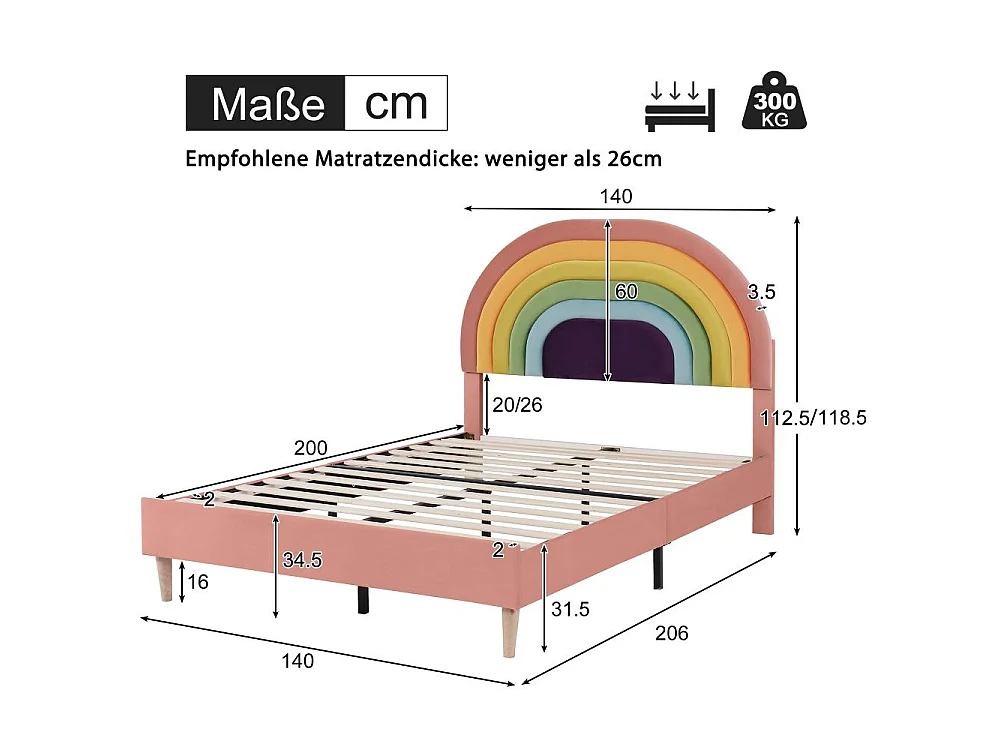 Lit 140x200 cm en velours rose avec tête de lit réglable, cadre solide, sommier à lattes et confort optimal pour adultes et adolescents