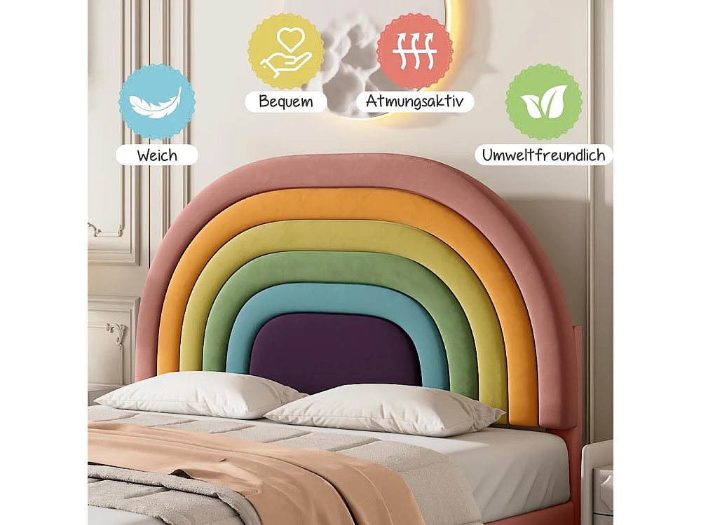 Lit 140x200 cm en velours rose avec tête de lit réglable, cadre solide, sommier à lattes et confort optimal pour adultes et adolescents