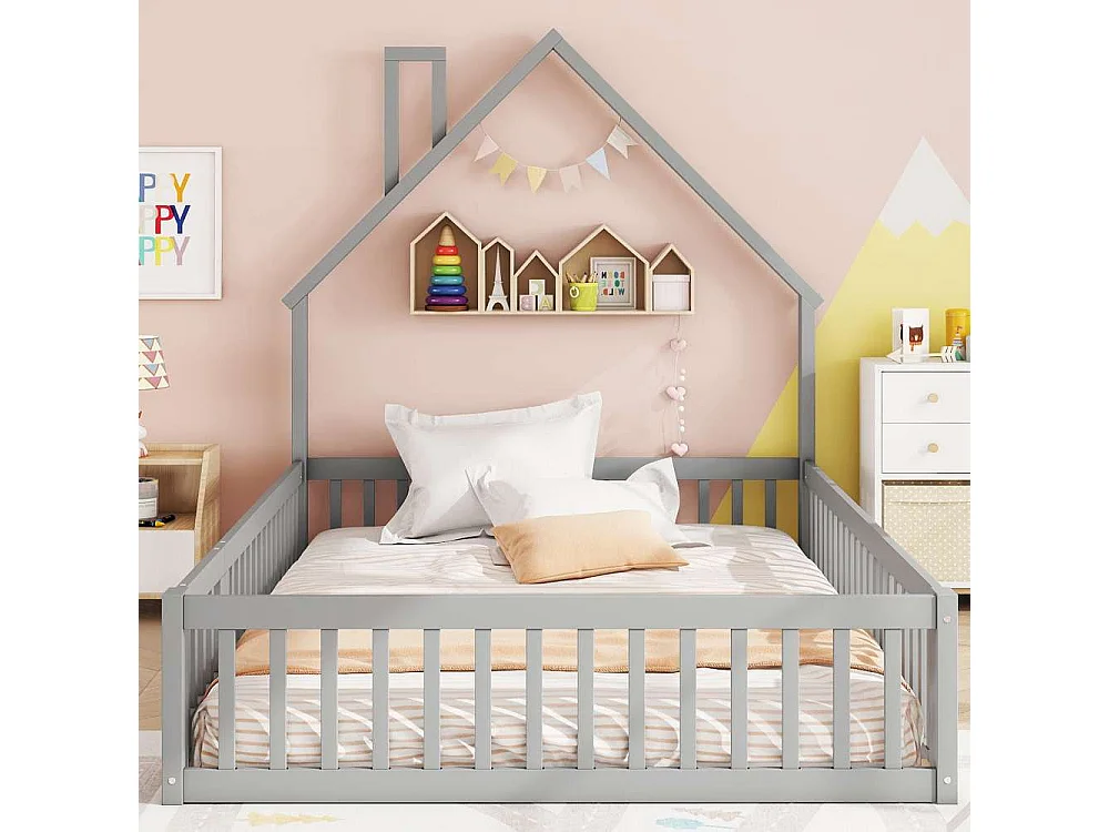 Lit enfant 140x190 cm en bois de pin avec forme cheminée, sommier inclus, structure sécurisée en MDF, design minimaliste, sans matelas