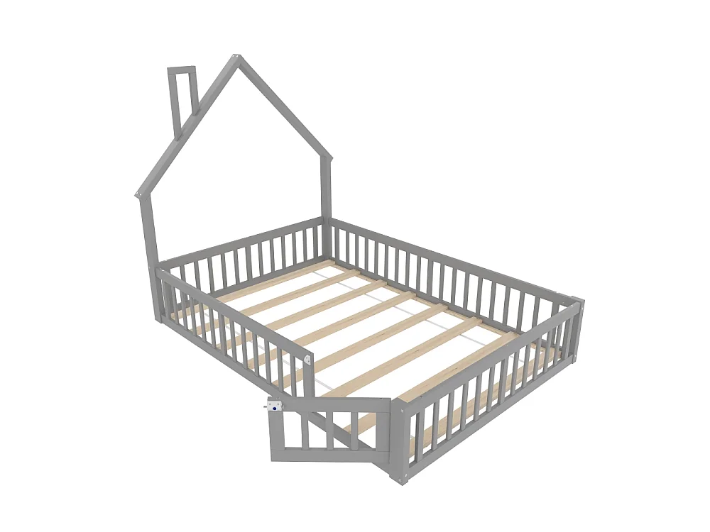 Lit enfant 140x190 cm en bois de pin avec forme cheminée, sommier inclus, structure sécurisée en MDF, design minimaliste, sans matelas