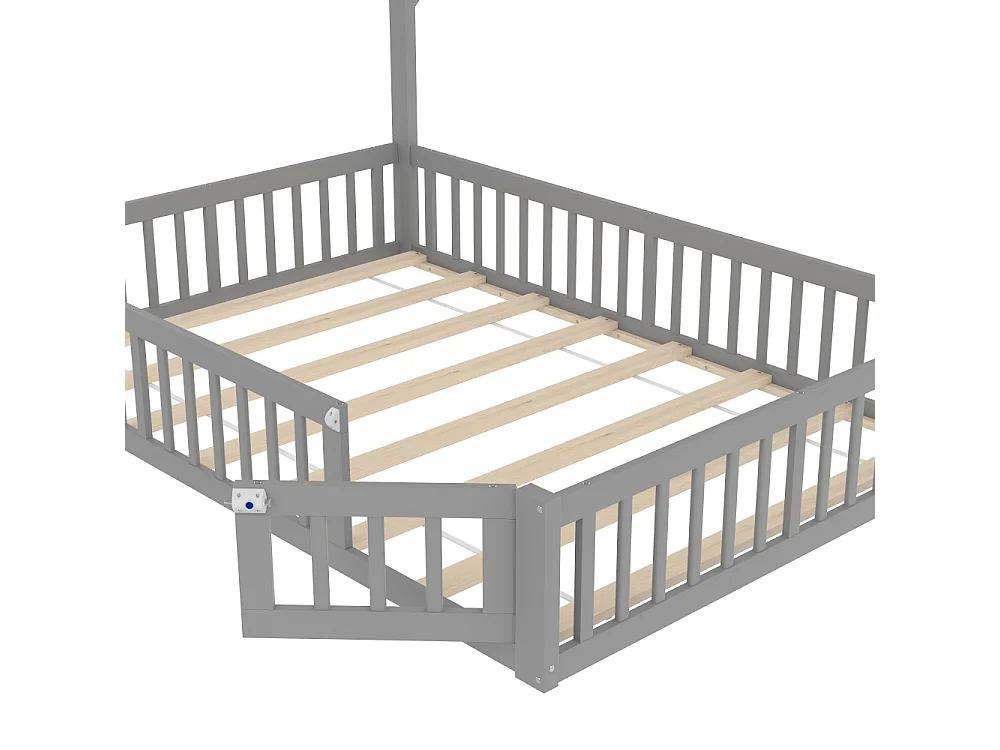 Lit enfant 140x190 cm en bois de pin avec forme cheminée, sommier inclus, structure sécurisée en MDF, design minimaliste, sans matelas