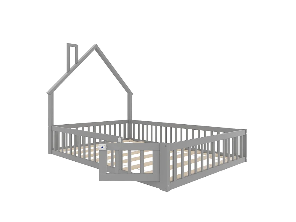 Lit enfant 140x190 cm en bois de pin avec forme cheminée, sommier inclus, structure sécurisée en MDF, design minimaliste, sans matelas